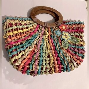 Cappelli Straworld Inc. Vintage multi colored straw Bag double wooden handles